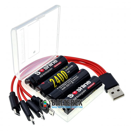 AA (14500) Li-ion Soshine 2400mah 1.5V Protected micro USB - комплект 4 аккумулятора, зарядный кабель и бокс для хранения