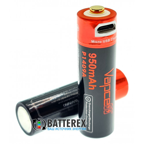 14500 Vapcell 950mah 3,6V Protected micro USB - с защитой и зарядкой от USB