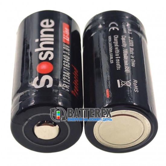 Акумулятор 16340 CR123A Soshine 700mah 3.0V Protected із захистом - напруга 3 Вольта - стандартна довжина 34 мм