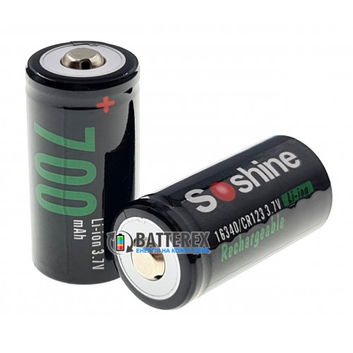 16340 CR123A Soshine 700mah 3.7V Button Top із виступаючим плюсом без захисту - стандартна довжина 34мм 