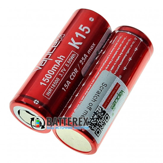 Акумулятор 18500 Vapcell INR K15 1500mah 3.7V 15A/25A високотоковий без захисту