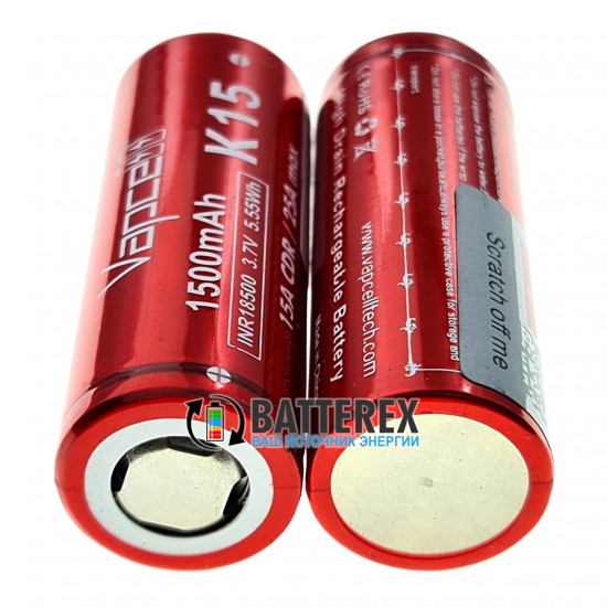 Акумулятор 18500 Vapcell INR K15 1500mah 3.7V 15A/25A високотоковий без захисту