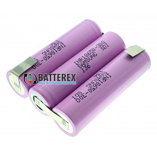 Сборка 3S 11.1-12.6V 15A 3000mah из 3х аккумуляторов 18650 Samsung 30Q для шуруповёрта (плоская)