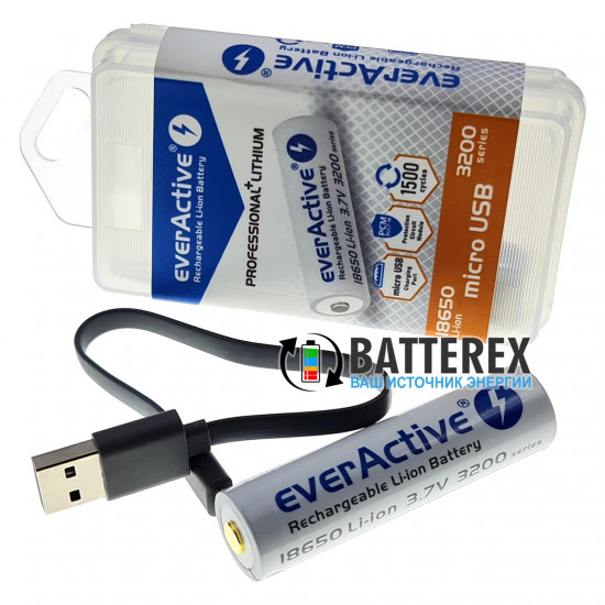 Акумулятор 18650 із зарядкою від USB Everactive 3200mah 3,7V Protected з захистом + кейс для зберігання та кабель для зарядки