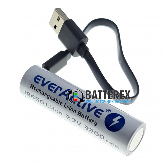 Акумулятор 18650 із зарядкою від USB Everactive 3200mah 3,7V Protected з захистом + кейс для зберігання та кабель для зарядки
