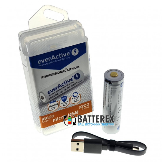 Акумулятор 18650 із зарядкою від USB Everactive 3200mah 3,7V Protected з захистом + кейс для зберігання та кабель для зарядки