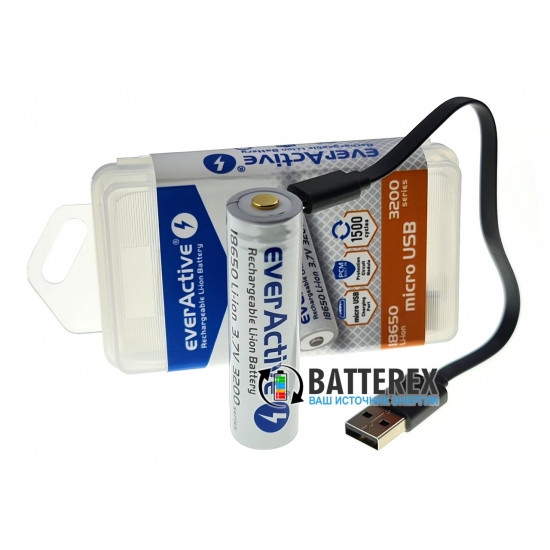 Акумулятор 18650 із зарядкою від USB Everactive 3200mah 3,7V Protected з захистом + кейс для зберігання та кабель для зарядки