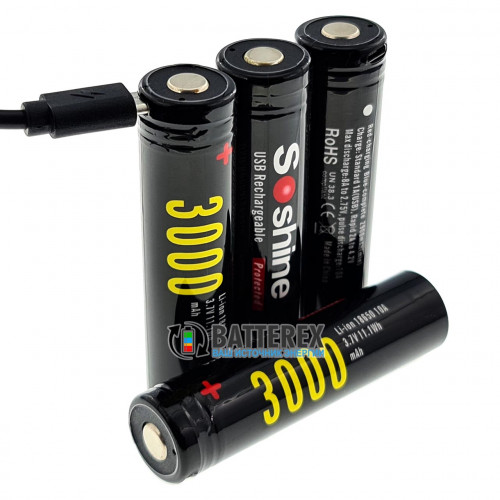 18650 Soshine 3000mah 3,7V Protected с защитой с зарядкой от micro-USB
