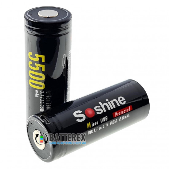 26650 Soshine 5500mah 3,7V Protected microUSB с защитой с зарядкой от micro-USB