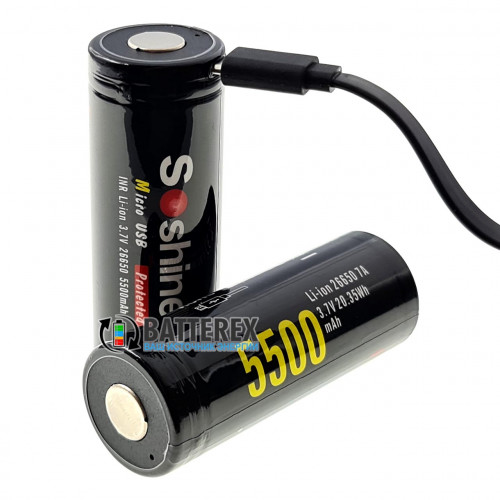 26650 Soshine 5500mah 3,7V Protected microUSB с защитой с зарядкой от micro-USB