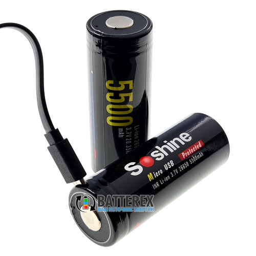 26650 Soshine 5500mah 3,7V Protected microUSB с защитой с зарядкой от micro-USB