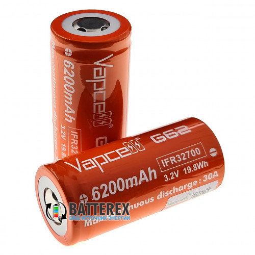 32700 LiFePO4 Vapcell G62 IFR32700 6200mah 3.2V високотоковий 30A
