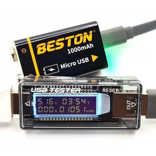 Beston 9V 1000mah micro-USB - аккумулятор Крона Li-ion с зарядкой от USB + кабель в комплекте - высокая реальная ёмкость