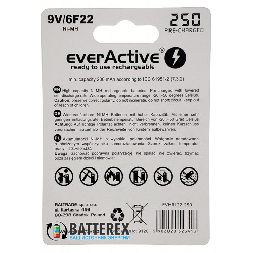 EverActive 9V 250mah - аккумулятор Крона NiMH с низким саморазрядом на 1200 циклов