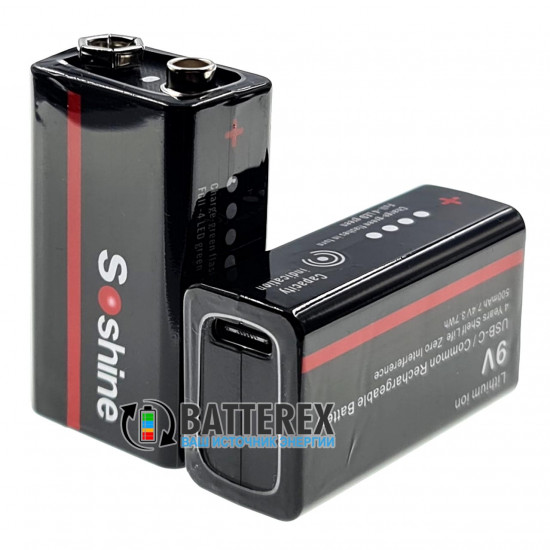 USB акумулятор Крона Li-Ion Soshine 9V 500mah з портом Type-C для заряджання та індикатором рівня заряду