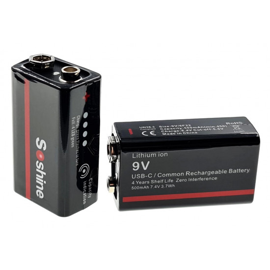 USB акумулятор Крона Li-Ion Soshine 9V 500mah з портом Type-C для заряджання та індикатором рівня заряду
