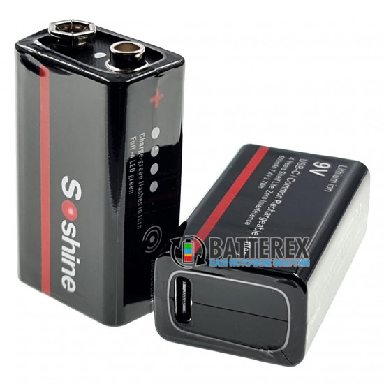 USB акумулятор Крона Li-Ion Soshine 9V 500mah з портом Type-C для заряджання та індикатором рівня заряду