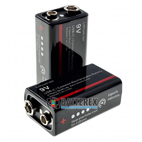 USB акумулятор Крона Li-Ion Soshine 9V 500mah з портом Type-C для заряджання та індикатором рівня заряду