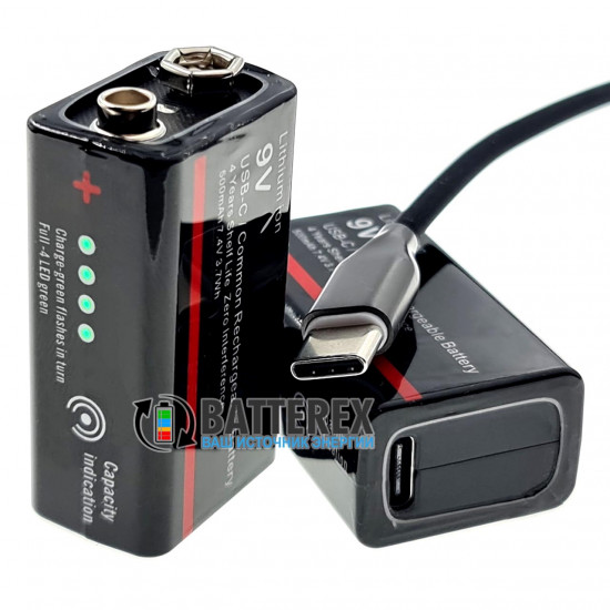 USB акумулятор Крона Li-Ion Soshine 9V 500mah з портом Type-C для заряджання та індикатором рівня заряду