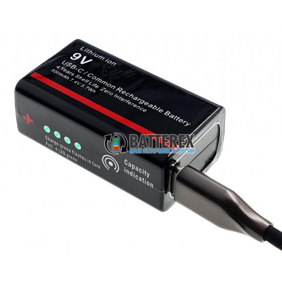 USB акумулятор Крона Li-Ion Soshine 9V 500mah з портом Type-C для заряджання та індикатором рівня заряду