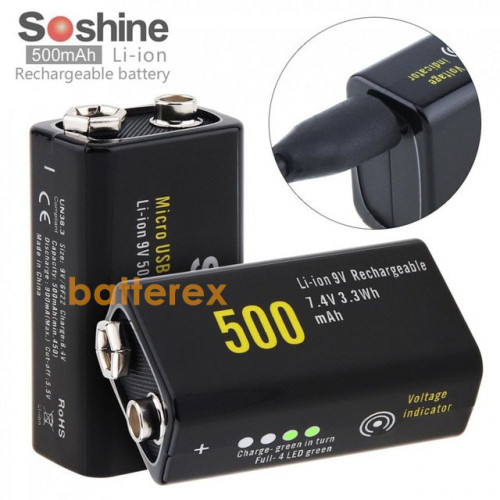 Soshine 9V 500mah micro-USB - аккумулятор Крона Li-ion с зарядкой от USB и индикатором уровня заряда