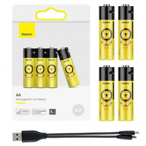 AA Li-ion Baseus 2880mWh 1920mah 1.5V Protected micro USB - комплект 4 аккумулятора и зарядный кабель