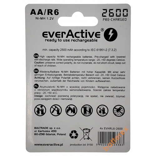 AA EverActive 2000mah с низким саморазрядом на 1200 циклов  - упаковка 4 шт в блистере