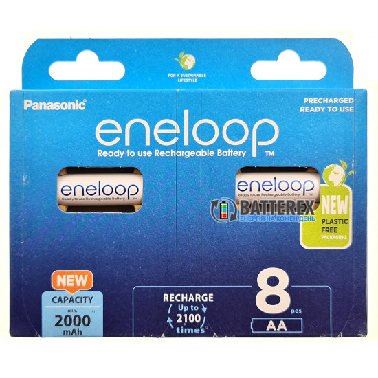 8 акумуляторів AA Panasonic Eneloop 2000 mah BK-3MCDE/8BE в картонній еко-упаковці EcoBox
