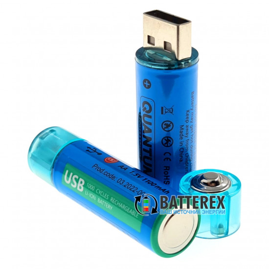 Литий-ионные USB аккумуляторы AA Li-ion Quantum 1100mah 1.5V USB - комплект 2 шт.