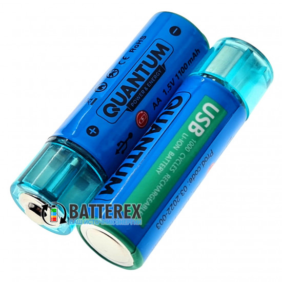 Литий-ионные USB аккумуляторы AA Li-ion Quantum 1100mah 1.5V USB - комплект 2 шт.