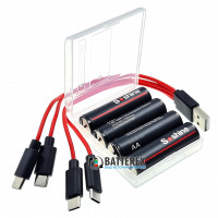 AA Li-ion Soshine 2600mWh 1.5V Protected USB Type-C - комплект 4 аккумулятора, зарядный кабель и бокс для хранения