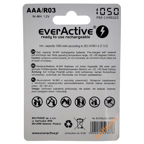 AAA EverActive 1050 mah - 4 аккумулятора в блистере