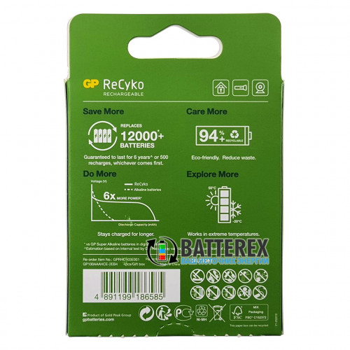 AAA GP Recyko 950mah Pre-charged 1000 Series с низким саморазрядом - упаковка на 4 аккумулятора