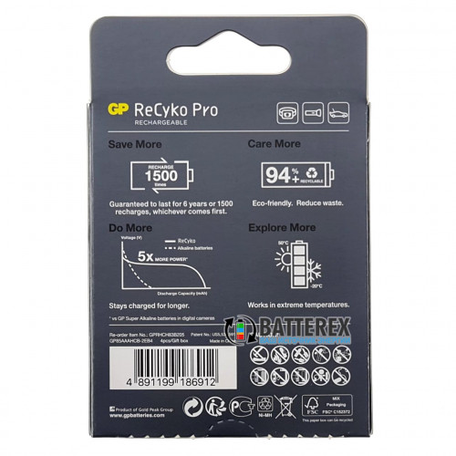 AAA GP Recyko Pro 800mah (1500 циклов, низкий саморазряд) - упаковка на 4 аккумулятора