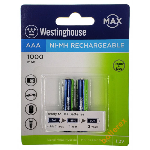 AAA Westinghouse MAX 1000 mah - 2 аккумулятора в блистере