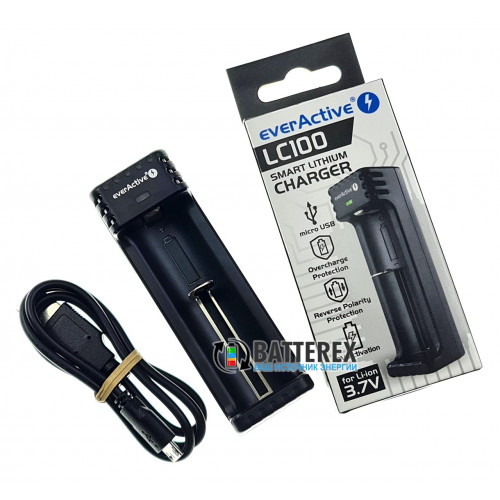 EverActive LC100 - 1-канальное зарядное устройство для Li-ion аккумуляторов разных размеров (18650, 21700, 26650, 14500, CR123A и др.)