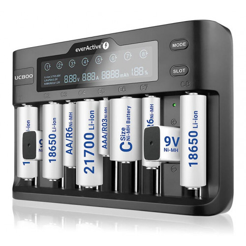Everactive UC 800 - універсальний зарядний пристрій на 8 акумуляторів Li-ion/LiFePO4/NiMH + 2 канали для акумуляторів Крона