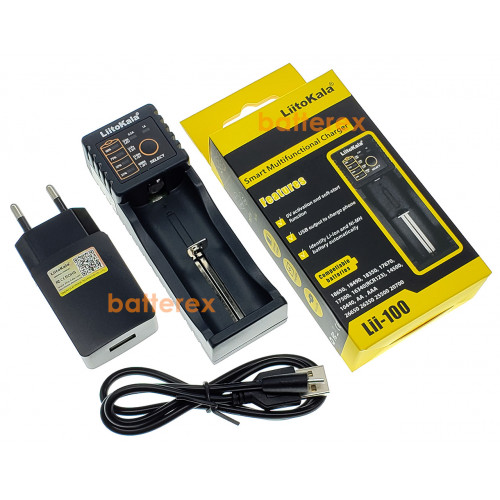 LiitoKala Lii-100 (універсальне зарядне на 1 акумулятор з функцією Powerbank) + мережевий USB адаптер Liitokala 5V 2A