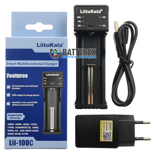LiitoKala Lii-100C + USB Liitokala 5V 2A - зарядний пристрій для NiMH и Li-ion акумуляторів із функцією Повербанк та струмом заряду до 2А + мережевий USB адаптер