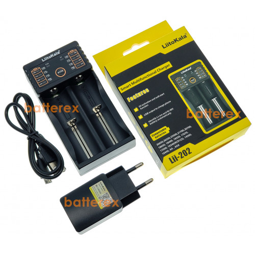 LiitoKala Lii-202 (універсальне зарядне на 2 акумулятори з функцією Powerbank) + мережевий USB адаптер Liitokala 5V 2A
