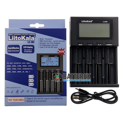 LiitoKala Lii-M4 - зарядний пристрій на 4 акумулятори Ni-MH/Li-ion (USB Type-C, тест з розрядом, вибір струму, функція повербанк)