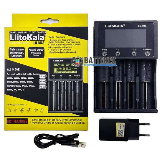 Інтелектуальний зарядний пристрій LiitoKala Lii-M4S + оригінальний мережевий USB адаптер Liitokala 5V 2A