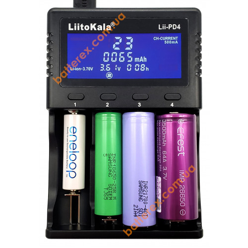 LiitoKala Lii-PD4 + автоадаптер 12V - універсальний 4-канальний зарядний пристрій (цифровий дисплей, струм заряду до 2А)