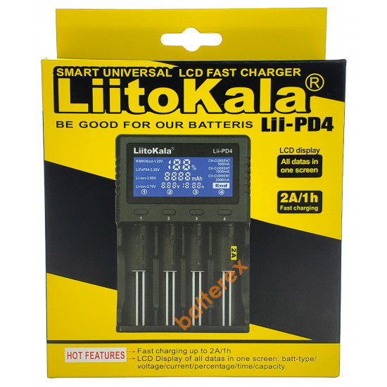 Зарядний пристрій LiitoKala Lii-PD4 на 4 акумулятори Ni-MH/Li-ion/LiFePO4 (цифровий дисплей, струм заряду 0,5A/1A/2A)