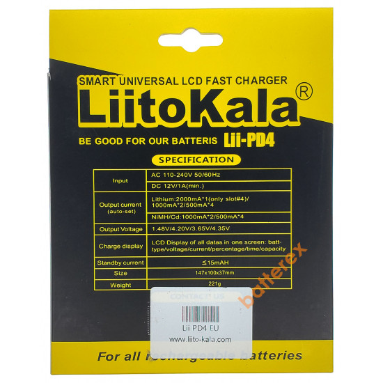 Зарядний пристрій LiitoKala Lii-PD4 на 4 акумулятори Ni-MH/Li-ion/LiFePO4 (цифровий дисплей, струм заряду 0,5A/1A/2A)