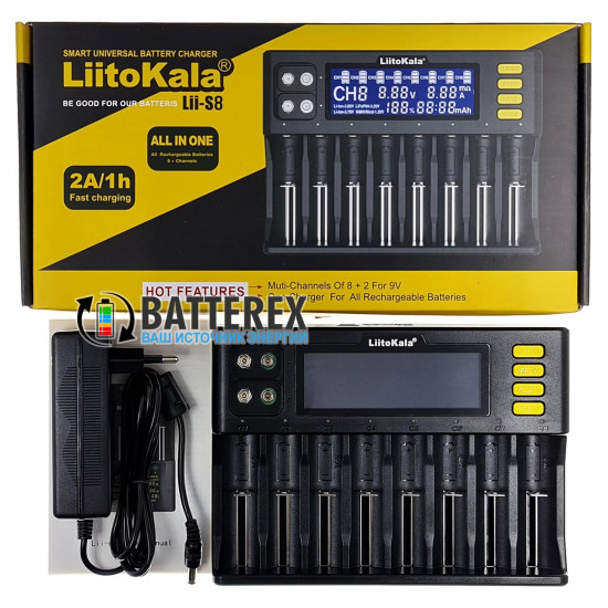 Зарядний пристрій LiitoKala Lii-S8 для акумуляторів Li-ion/LiFePO4/NiMH + 2 канали для Крон NiMH