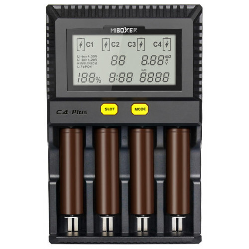 MIBOXER C4 Plus - быстрая 4-канальная зарядка для Li-ion/LiFePO4/NiMH/Ni-Cd аккумуляторов (ток заряда до 2,5А). Гарантия 12 месяцев.