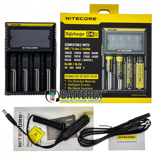Nitecore D4 - зарядное устройство на 4 аккумулятора NiMH/Li-ion/LiFePO4 + автоадаптер Liitokala 12V. Гарантия 12 месяцев!