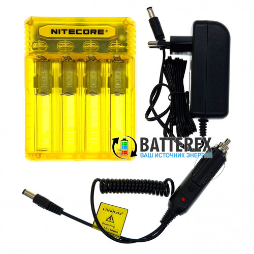 Nitecore Q4 Juicy Mango (жёлтое) - быстрое зарядное устройство на 4 аккумулятора Li-ion 18650/21700/26650/14500/CR123A и др. + автоадаптер