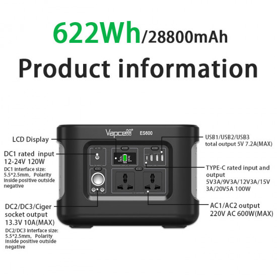 Зарядна станція Vapcell ES600 622Wh 600W 28800mAh